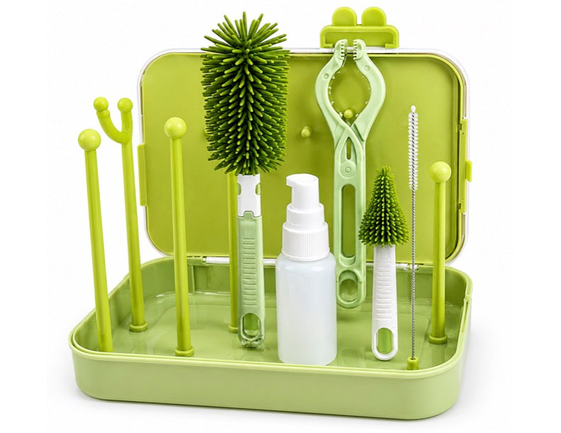 LikkleNest 6-in-1 Portable Baby Bottle Brush Cleaning Kit with Drying Rack + FREE 8-Week Newborn Feeding & Sleep Guide