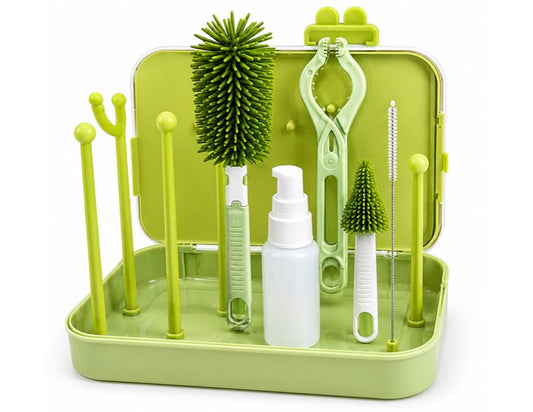 LikkleNest 6-in-1 Portable Baby Bottle Brush Cleaning Kit with Drying Rack + FREE 8-Week Newborn Feeding & Sleep Guide
