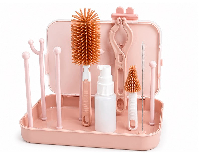 LikkleNest 6-in-1 Portable Baby Bottle Brush Cleaning Kit with Drying Rack + FREE 8-Week Newborn Feeding & Sleep Guide